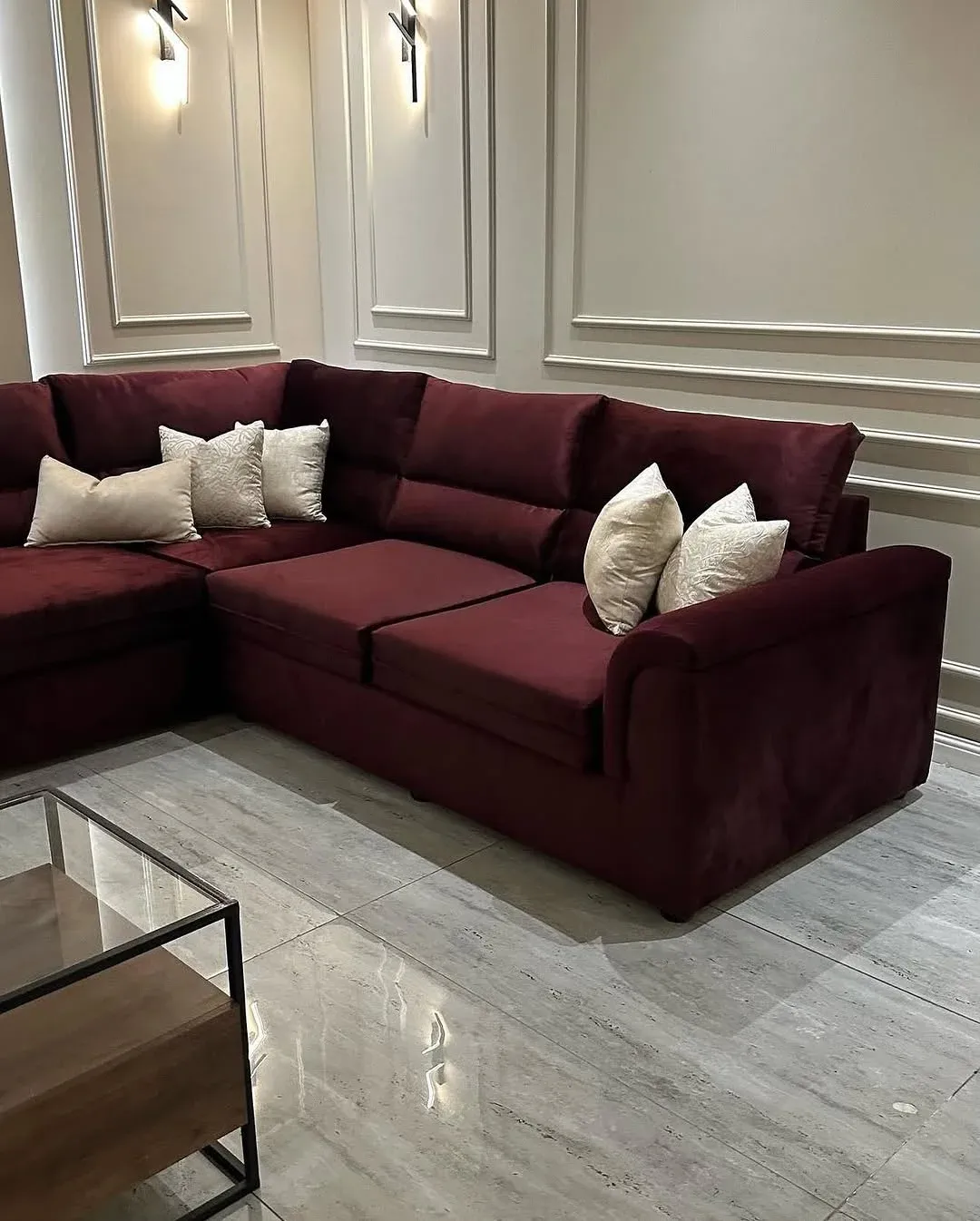 كنب زاوية مودرن حرف L عنابي — صورة 2